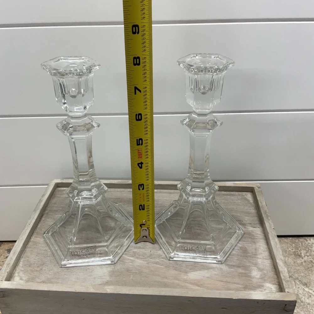 Toscany Lead Crystal Candlestick Set Hexagon Base 8.5 Inch Made in USA Clear